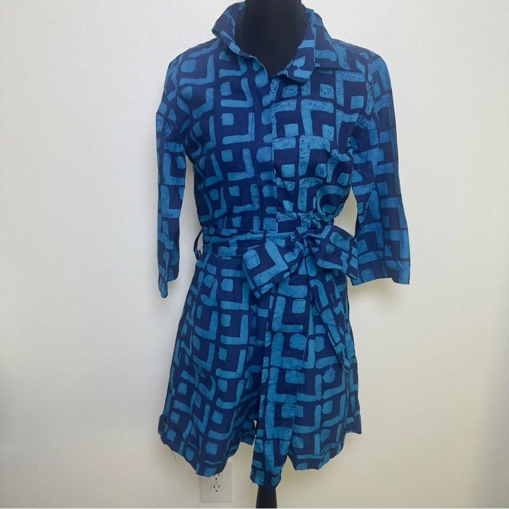 Sika x Anthropologie Blue Geometric Romper NWT Size 6 Belted‎ Cotton Ethical